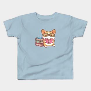 Cute Corgi With Glasses Reading A Book Kids T-Shirt